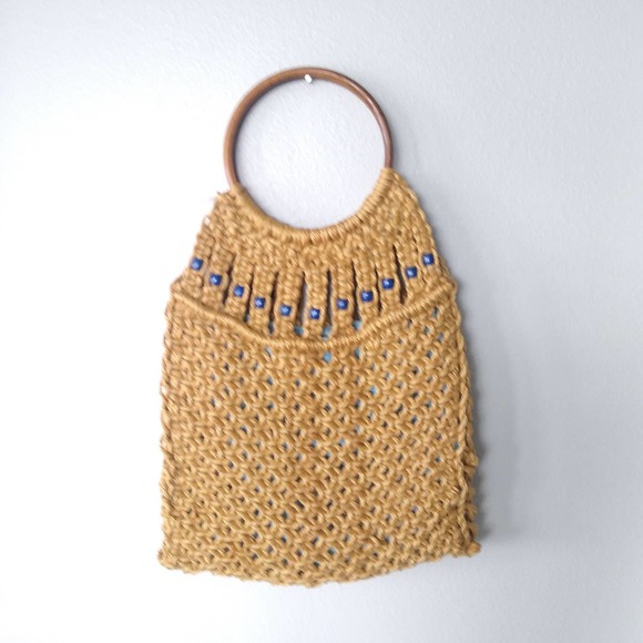 Vintage Macrame Tote Bag with Blue Wood Beads & Wood Handles - Picture 3 of 9